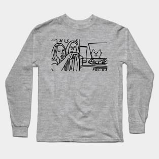 Woman Yelling at Cat Meme Humor Line Drawing Long Sleeve T-Shirt